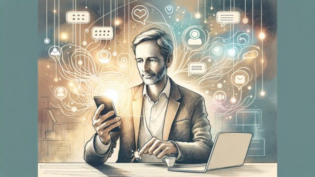 日常の中で LINE で ChatGPT 使う様子を描いた手描きイラスト、スマホ利用が中心となる構図