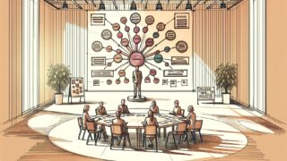 明るいオフィスで人々がトピッククラスター モデルの構造を整理する様子