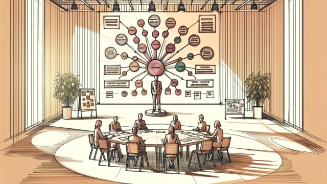 明るいオフィスで人々がトピッククラスター モデルの構造を整理する様子