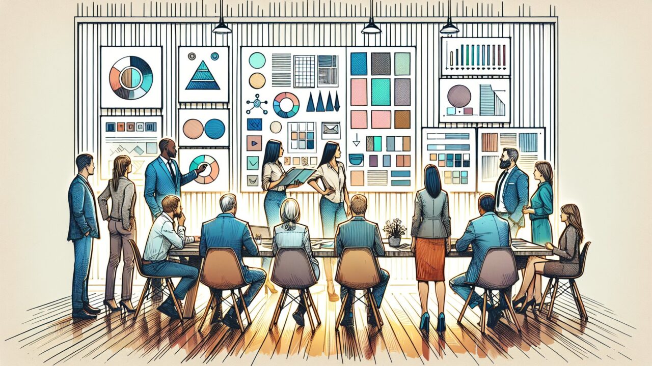 AI 画像生成 プロンプトを検討する担当者たち、ブランドと法的リスクを配慮した画像選定