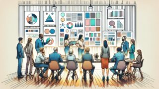 AI 画像生成 プロンプトを検討する担当者たち、ブランドと法的リスクを配慮した画像選定