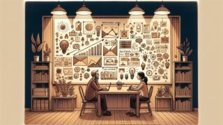 コンテンツマーケティング 成功事例で、数字とストーリーが融合する様子を描いた暖色系イラスト