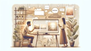 Midjourney 使い方をビジネス視点で整理し、チャットから画像生成する様子を示すイラスト