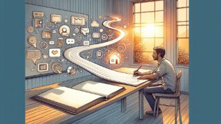 デジタル施策の選択肢に囲まれながら、オウンドメディア 立ち上げを冷静に検討する人物