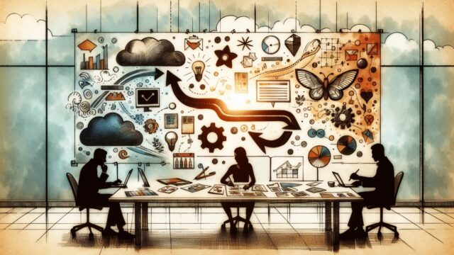 Stable Diffusion 導入方法を検討する会議の場で、効率重視と創造性重視の二つの活用方針を比較検討