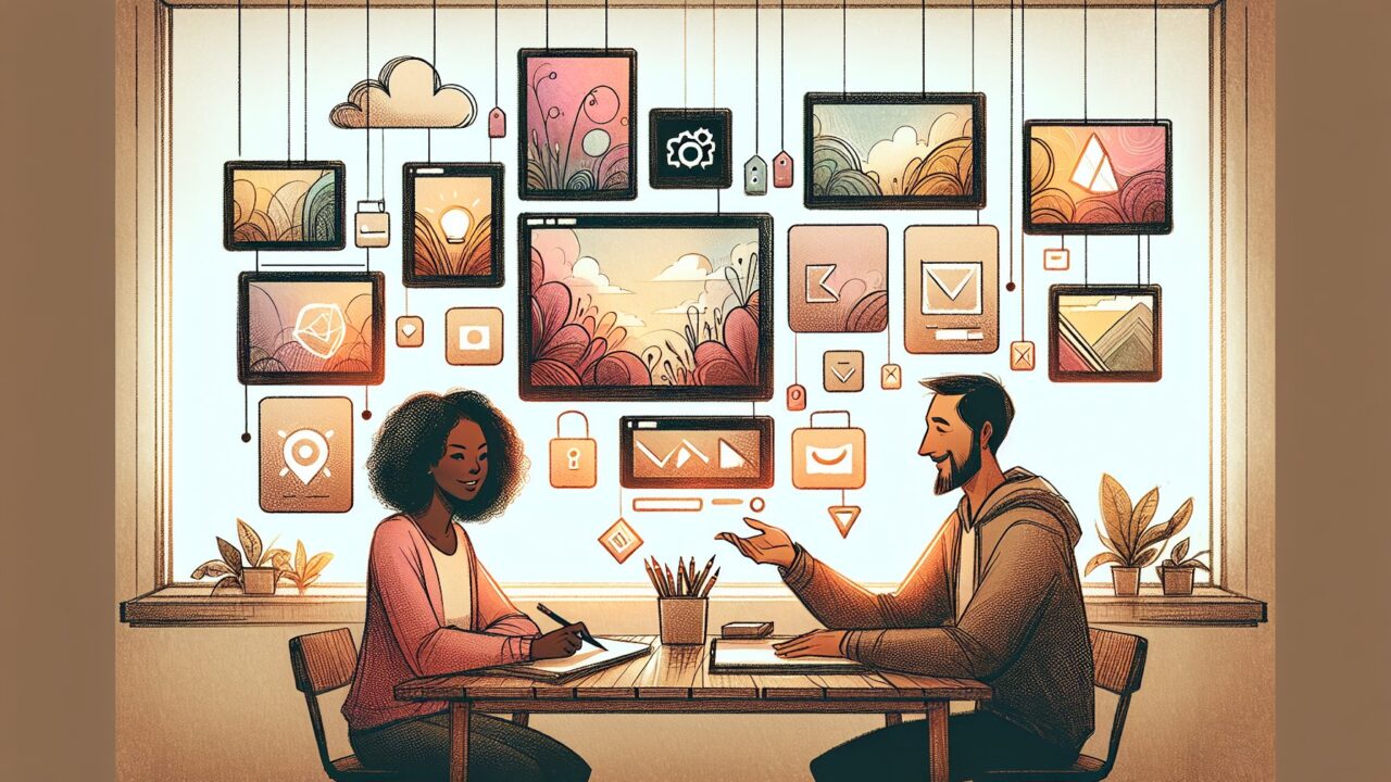 AI 画像生成 無料 おすすめプランの比較を検討する二人のビジネスパーソン