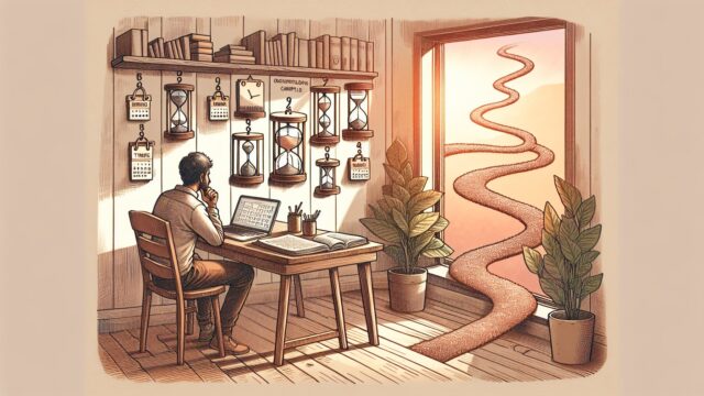 ブログ収益化期間を考える人が、固定期間の目安と多様な収益化期間の道筋を見比べるイラスト