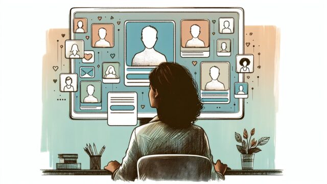 統一感あるプロフィール画像群を見つめる人物, AI アイコン 作成による信頼感と認知向上