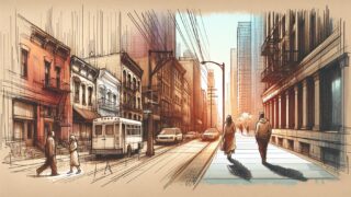 AI 写真 実写化の概念を示す、ラフな街並みから実写的描写へ滑らかに変化するイラスト