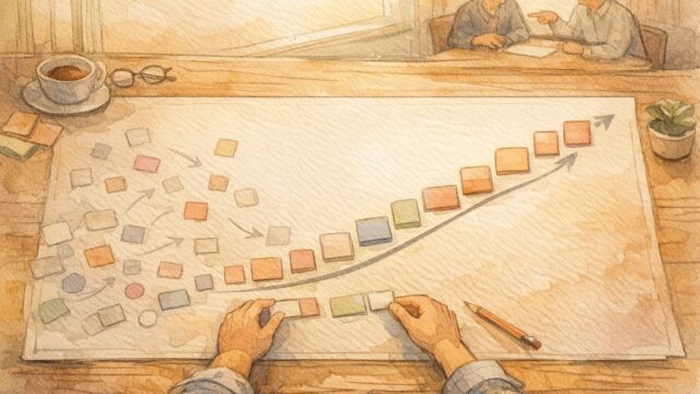 CVR 上げる ライティングの文章構造を俯瞰し、混乱から整理へと導くデスク上の俯瞰イラスト