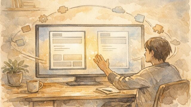 WordPress 投稿 複製 Duplicate Postの役割を考える静かな作業スペースのイラスト