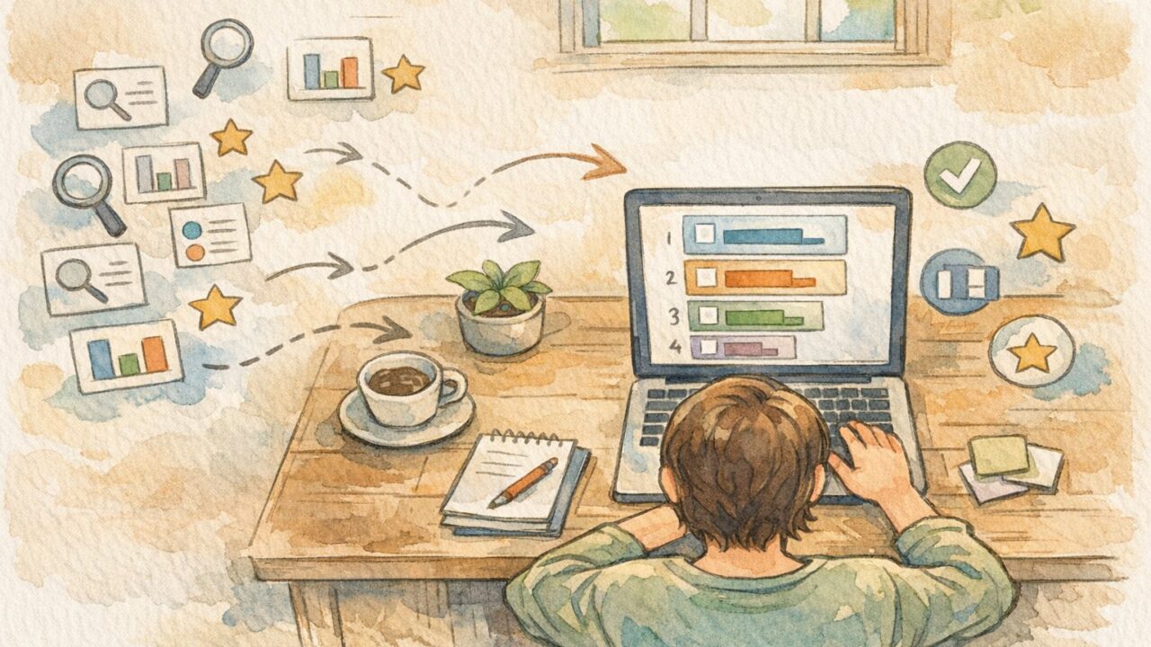 検索意図に沿ったランキング記事 作り方、デスクで冷静に比較検討する様子