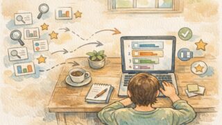 検索意図に沿ったランキング記事 作り方、デスクで冷静に比較検討する様子