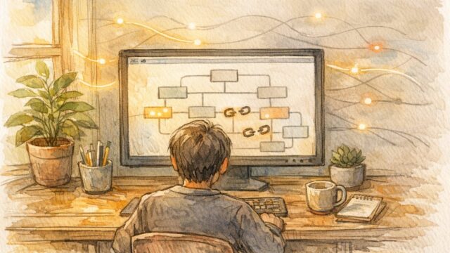 Broken Link Checker リンク切れ通知を見守るデスクワーク風景、静かな監視と人の目のバランス
