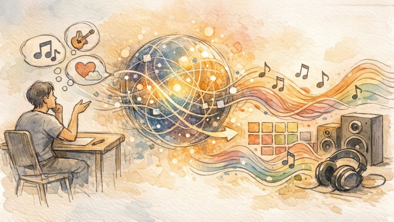 AI 音楽生成 方法の基本フロー、アイデア入力からAI処理を経て音源が生成される様子