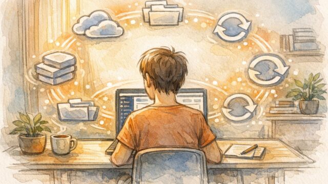 穏やかなデスク環境でWordPress バックアップ UpdraftPlusを使い安心感ある保護をイメージしたイラスト