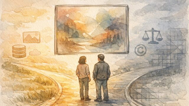 AI 画像生成 著作権 侵害 ラインを象徴的に示す分岐した道と人物のイラスト