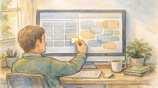 Classic Widgets 戻す方法を示す作業机のイラスト、旧レイアウトへ安心して戻す様子