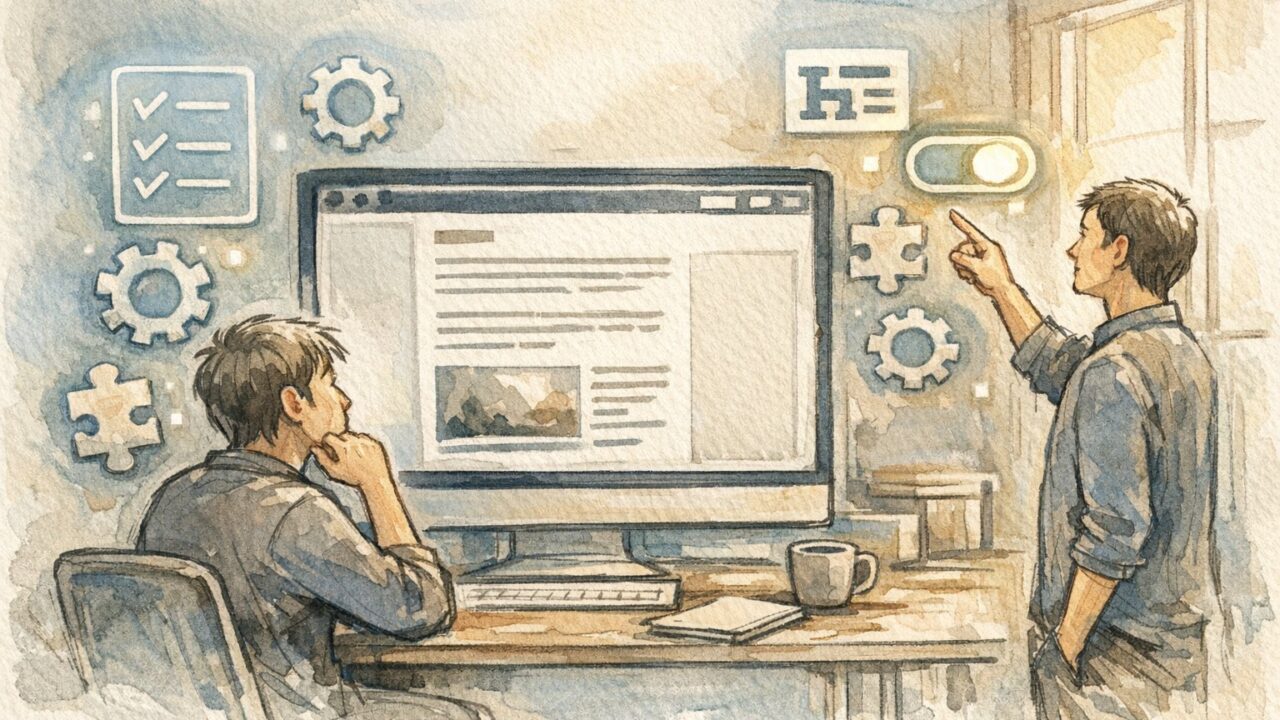 WordPress 目次 出ない 原因を整理する静かな作業デスクと設定確認の様子