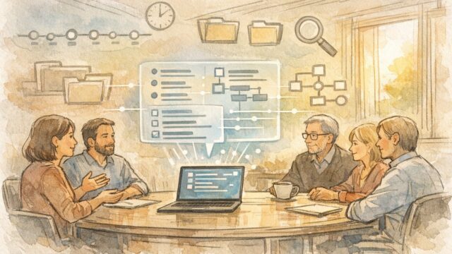 穏やかな会議室でAI 会議議事録 自動作成が発言内容を整理し共有する様子