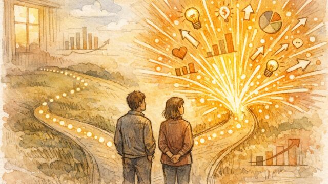 バズる 記事 特徴 を象徴し、通常の安定成長と急激な拡散の違いを対比するイラスト