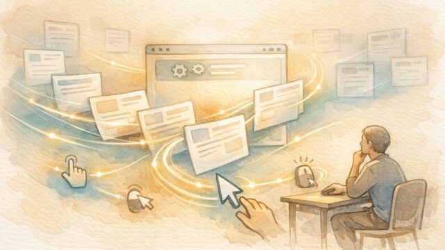 Flying Pages 使い方の基本設定とページ遷移の動き方を示す抽象イラスト