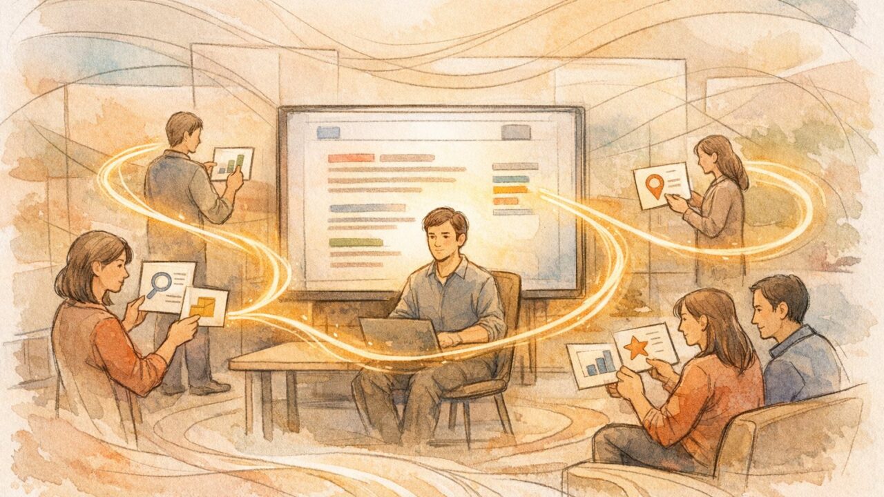 検索意図に沿って検索結果を検討する人々と、インフルエンサー 寄稿 SEOの関係を象徴的に描いたイラスト