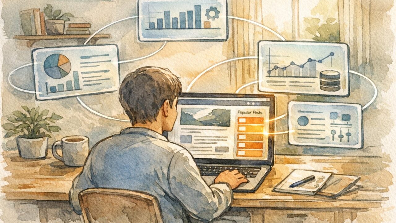 WordPress 人気記事プラグイン 比較を検討するデスク周り、複数プラグイン候補を整理する様子