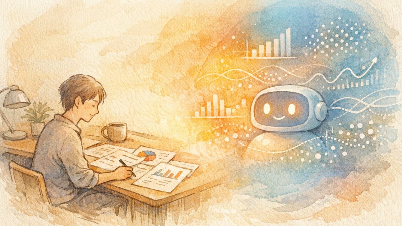 人とAIが向かい合い協働する様子、AI データ分析 やり方のイメージイラスト