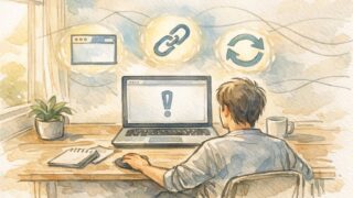WordPress ログインできない 404 時、落ち着いて基本チェックを進める様子の手描きイラスト