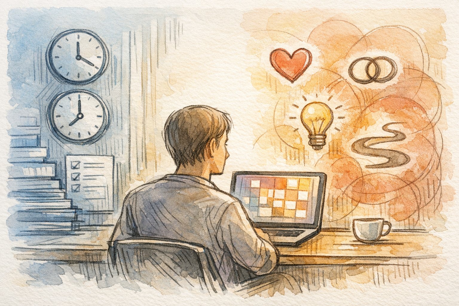 AI スケジュール管理で機械的整理と人の文脈的判断が交差する様子を示すイラスト