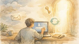 WP パスワード忘れた 復旧への第一歩として、落ち着いた雰囲気でログイン再設定を示すイラスト