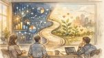 AI 広告運用 自動化でのデータ重視とブランド関係性のバランスを描いたイラスト