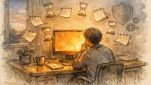 夕暮れの静かなデスクでPHPのバージョンが古い 警告 消し方を考える様子
