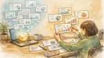 AI パワポ 作成 時短でAIがスライド案を生成し、人が細部を調整する様子