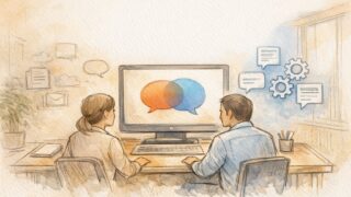 AI 翻訳 ビジネスレベル 精度へ段階的に高まる様子を示すオフィスイラスト