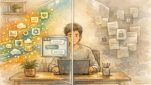 生成AI セキュリティ リスクを象徴する机上の利用シーン、技術対策と見落とされた機密情報の対比