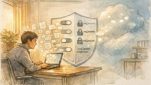 オフィスでAI利用中の情報がクラウドへ流出しそうな様子とAI 情報漏洩 防ぐ 設定のイメージ