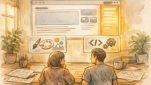 WordPress サイドバー 固定方法を検討する作業机とレイアウト比較イラスト
