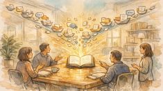 社内ナレッジが穏やかに集約される様子を描いたイラスト, AI 社内 Wiki 構築