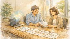 AI 稟議書 書き方を象徴する、落ち着いた対話と文書を共有するオフィス風景