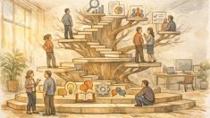 AI 研修 カリキュラム 内容の基本構造を階段状に可視化し、段階的成長を示すイラスト