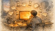 夕暮れの静かなデスクでPHPのバージョンが古い 警告 消し方を考える様子