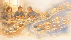 Zapier AI 連携 効率化を象徴し、人の作業と自動化タスクを静かに整理するワークフロー構図