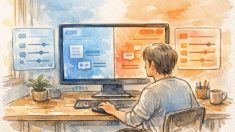 WordPress 投稿画面 英語になったとき、日本語設定や環境を確認する作業机の様子