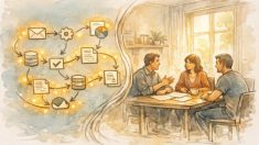 Make AI 自動化 ワークフローで定型作業を任せ、人は会議で判断する様子