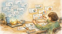 AI パワポ 作成 時短でAIがスライド案を生成し、人が細部を調整する様子