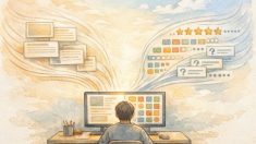 構造化データ 実装で可読コンテンツと検索向け情報が調和する様子を描いたイラスト