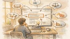 強調スニペット 狙い方を考えるビジネスワーカーが検索結果画面を分析する様子
