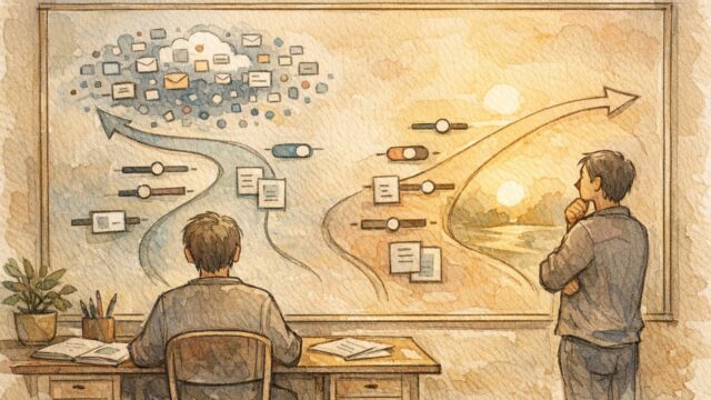 AI 学習データ 拒否 方法（Opt-out）の選択肢を比較検討する落ち着いたワークスペースイラスト